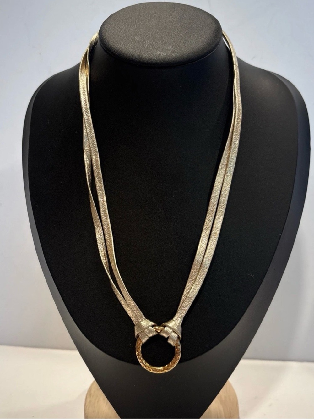 LEILA Jewelry Gold Leather Cord Necklace 20” Hammered Ring Pendant Boho